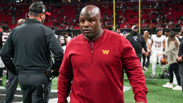 Oct 15, 2023; Atlanta, Georgia, USA; Washington Commanders offensive coordinator Eric Bieniemy after a game against the Atlanta Falcons at Mercedes-Benz Stadium